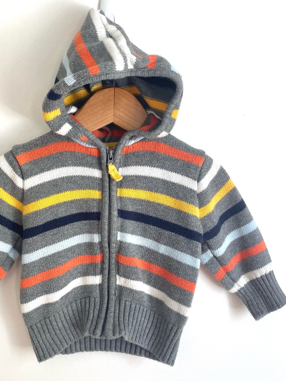 $6 💥Carter's Zip-Up Hoodie Cardigan Sweater, Cotton, Grey w Bright Stripes